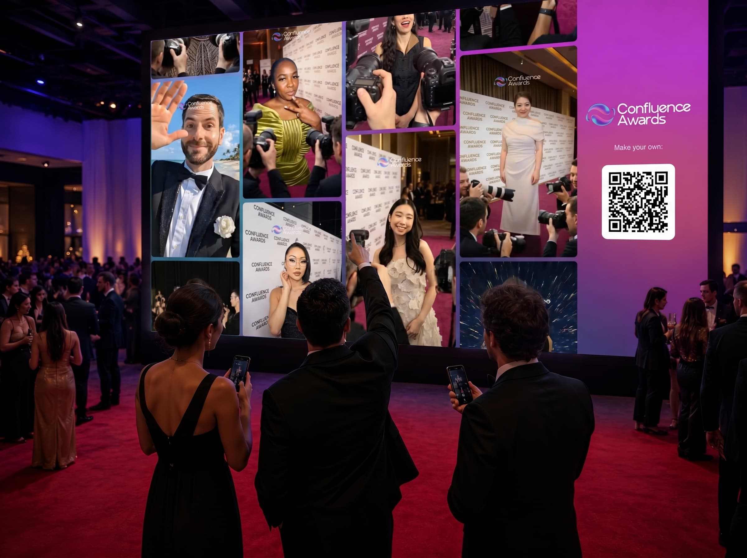Galapop live wall projected at an awards event — guests photograph their cinematic clips in a montage on the big screen.